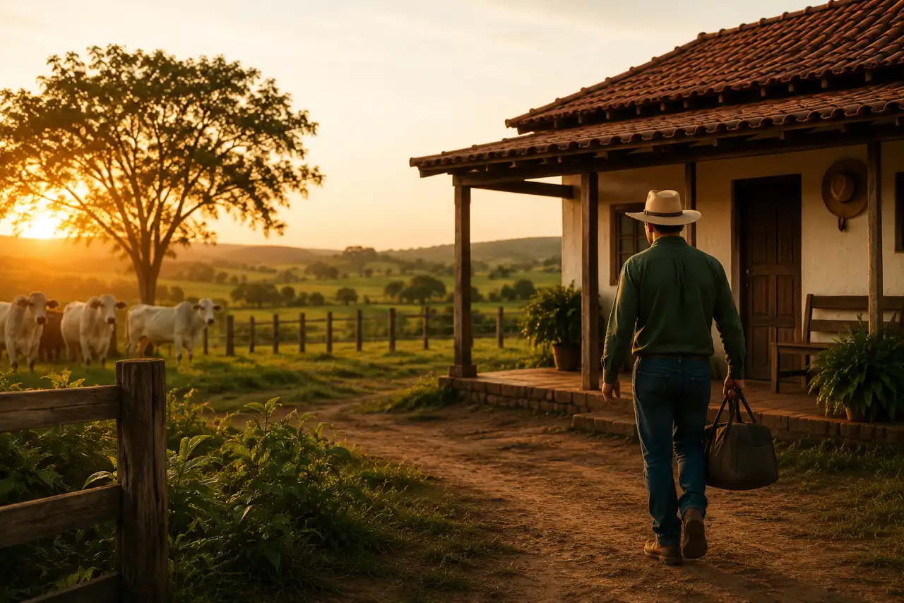 Produtor rural de chapéu caminhando até a sede da fazenda ao pôr do sol, com gado no pasto ao fundo